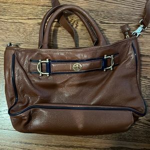 Brown Leather Navy Piping Tory Burch Handbag